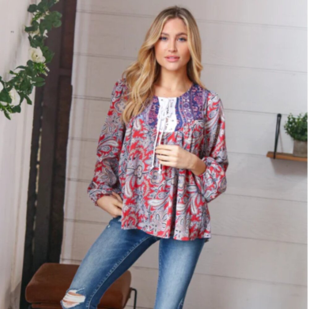 SUGAR FOX Blue/Rust Boho Eyelet Lace Up Babydoll Blouse SMALL